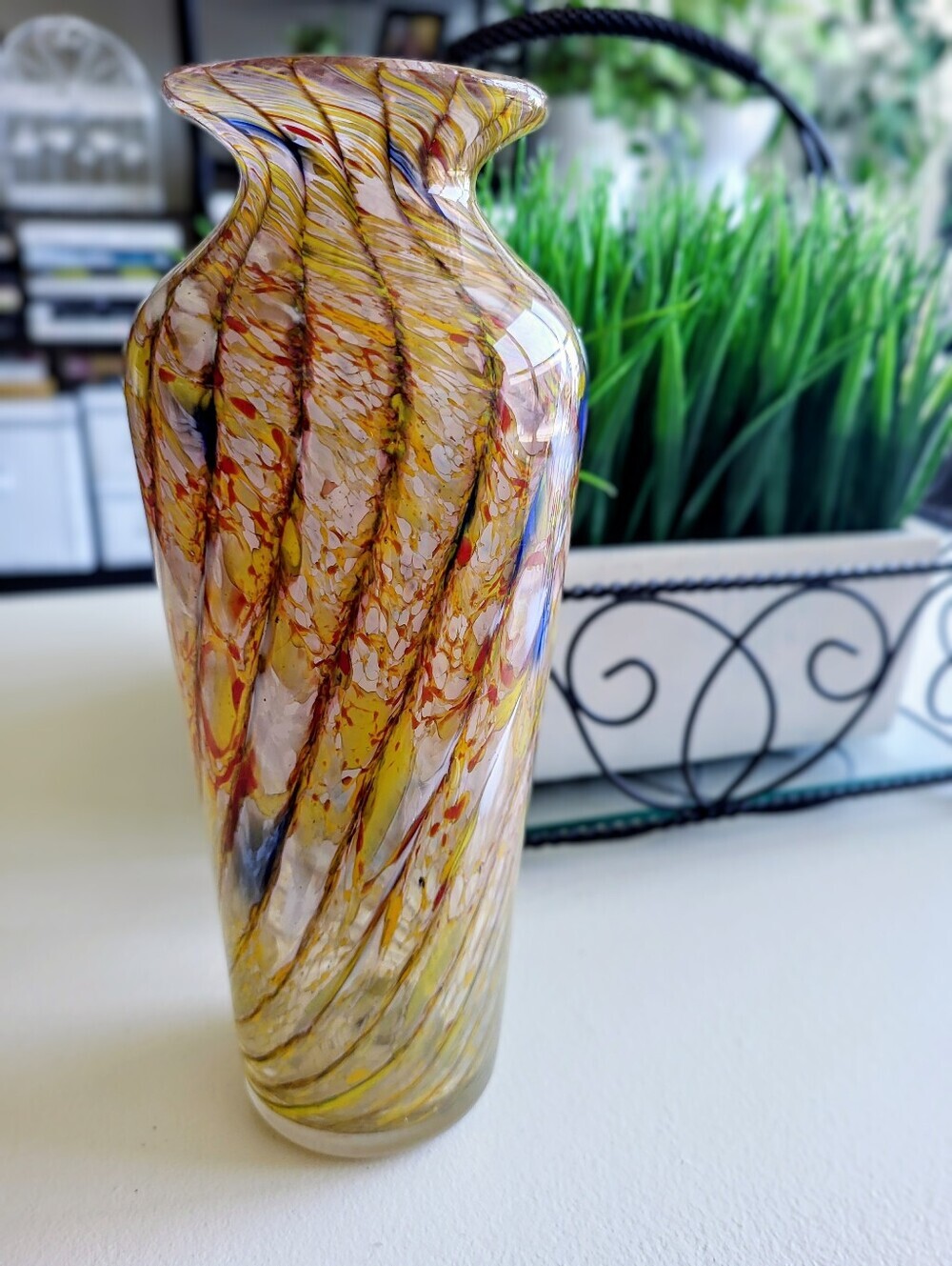 Vintage Hand Blown Art Glass Swirl Vase | 9.5" Murano Style Ribbon Glass